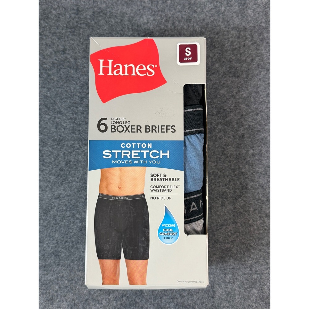 Hanes Boxer Briefs Mens Small Multicolor New 6 Pack Cotton Stretch Long Leg